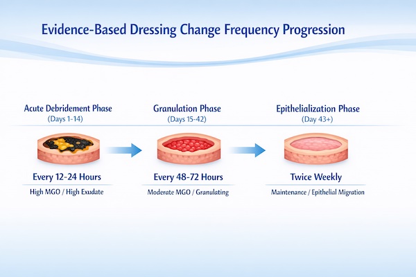 Timeline diagram showing recommended dressing change intervals from acute phase through epithelialization with clinical indicators